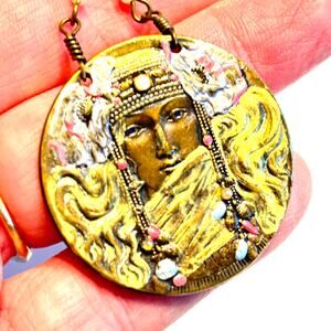 Unique Vintage gold pendant necklace exotic Egyptian Revival mysterious face